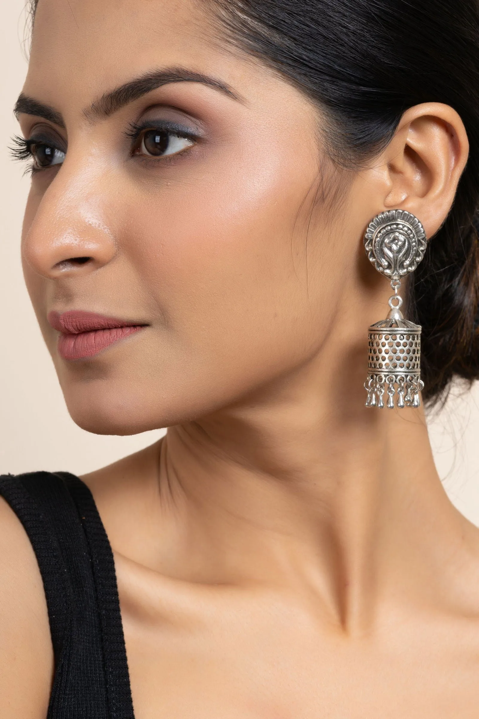 Elegant German Silver Floral Stud Designer Jhumka Earrings - Handmade & Oxidized Finish