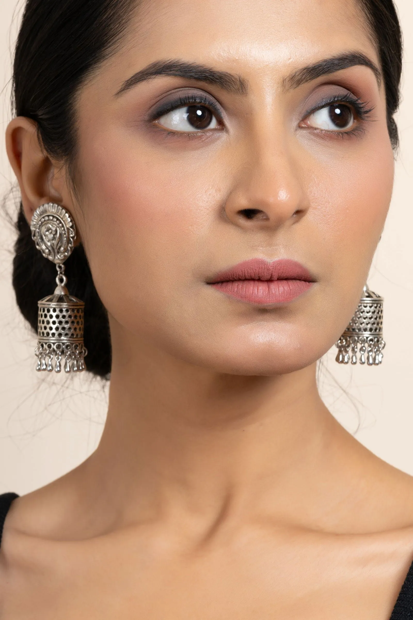 Elegant German Silver Floral Stud Designer Jhumka Earrings - Handmade & Oxidized Finish