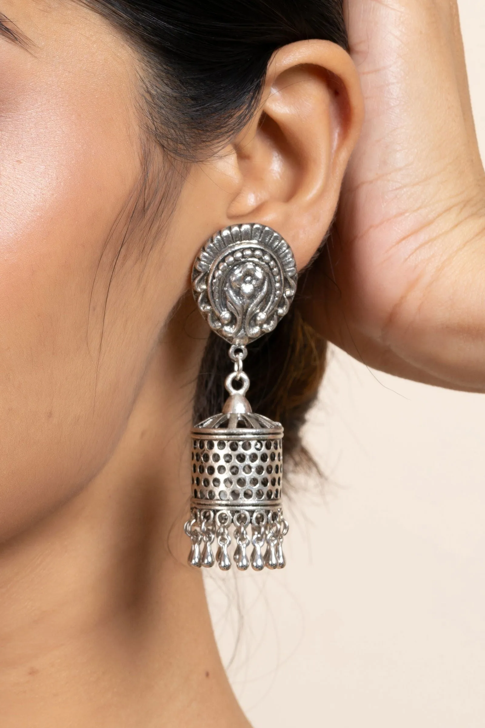 Elegant German Silver Floral Stud Designer Jhumka Earrings - Handmade & Oxidized Finish