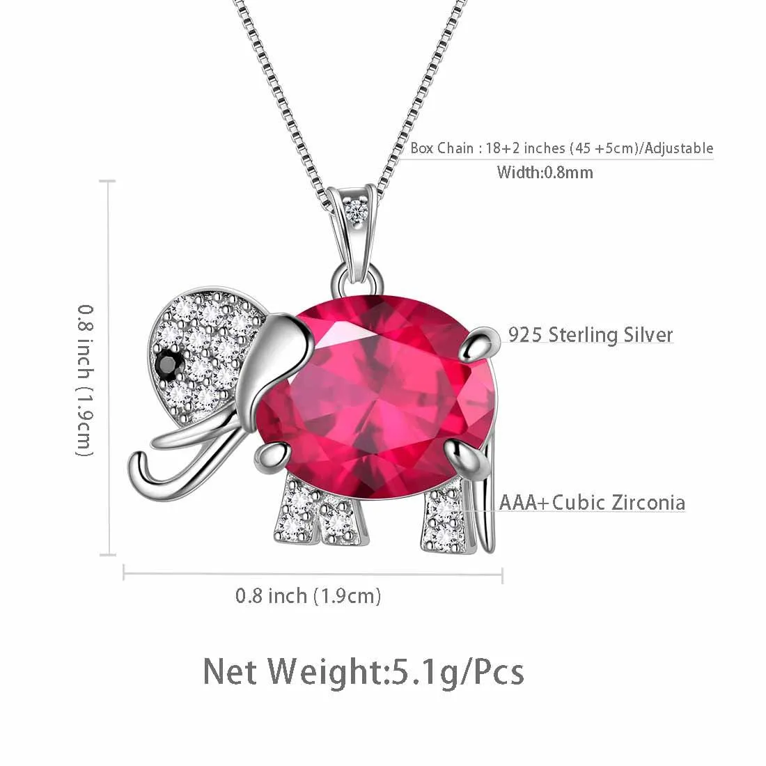 Elephant Birthstone July Ruby Necklace Pendant Women Girls Jewelry Birthday Gift