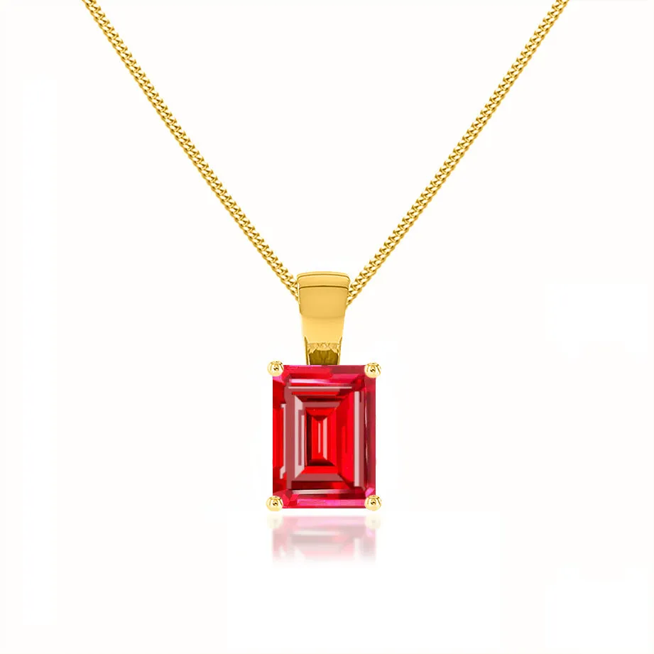 ELIZA - Emerald Cut Ruby 4 Claw Drop Pendant 18k Yellow Gold