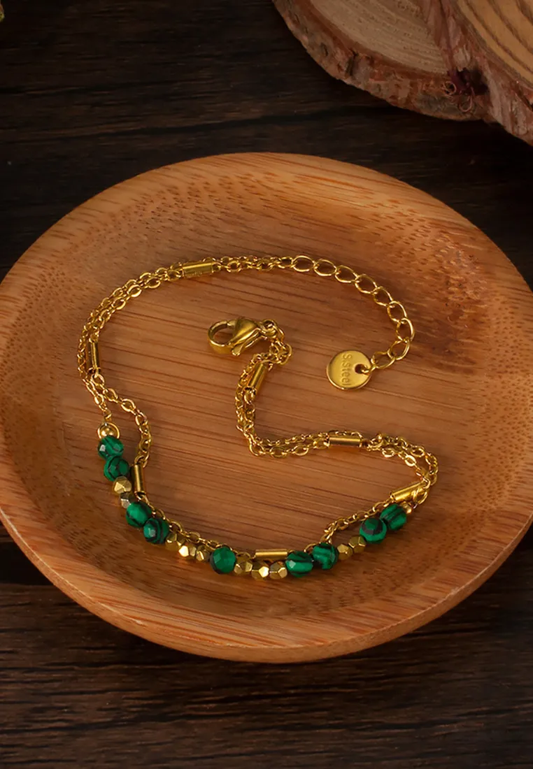 Elodie Green Emerald Pendant with Multi-Layer Chain Link Bracelet in Gold