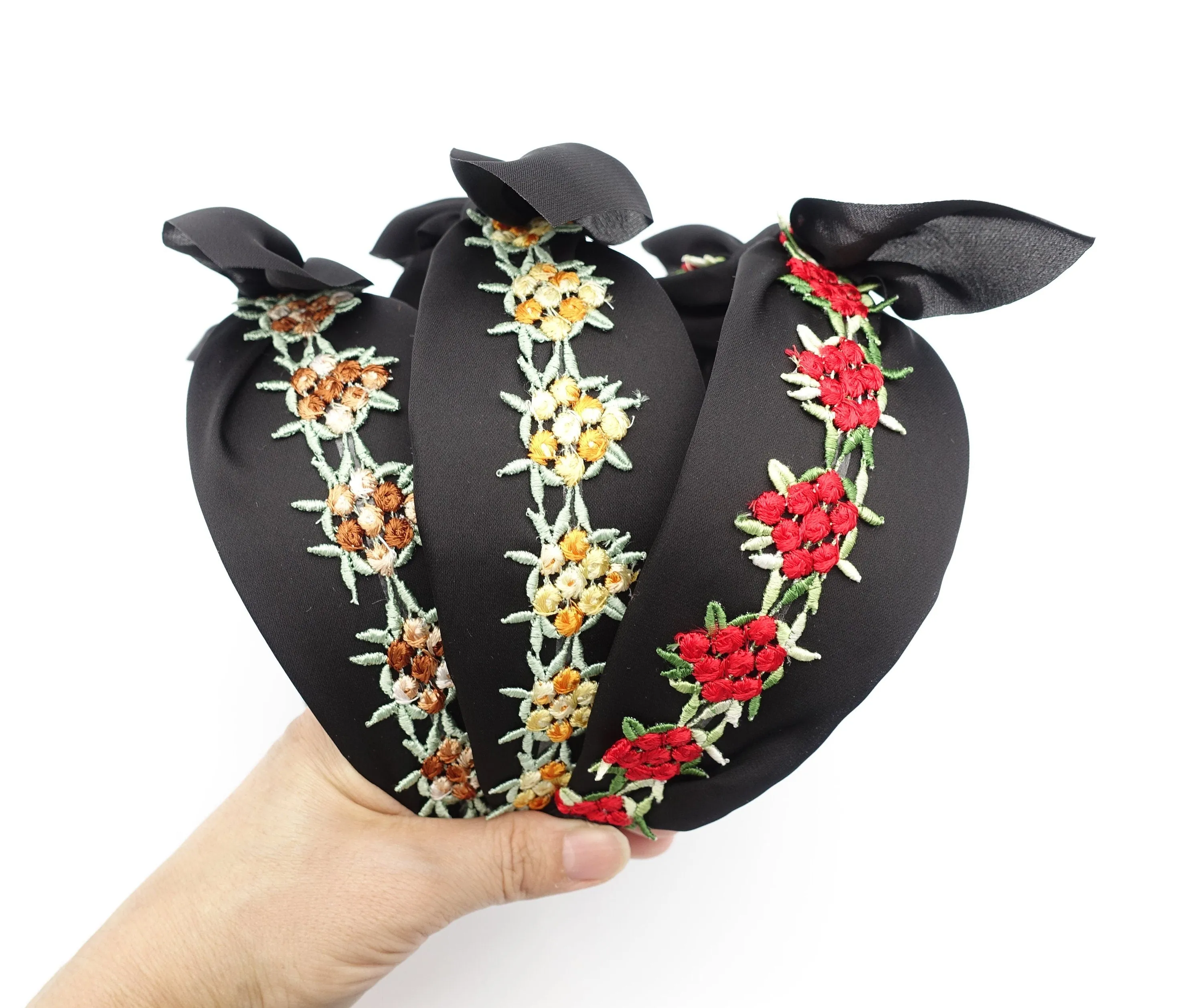 embroidery flower headband black chiffon bow knot hairband women hair accessory