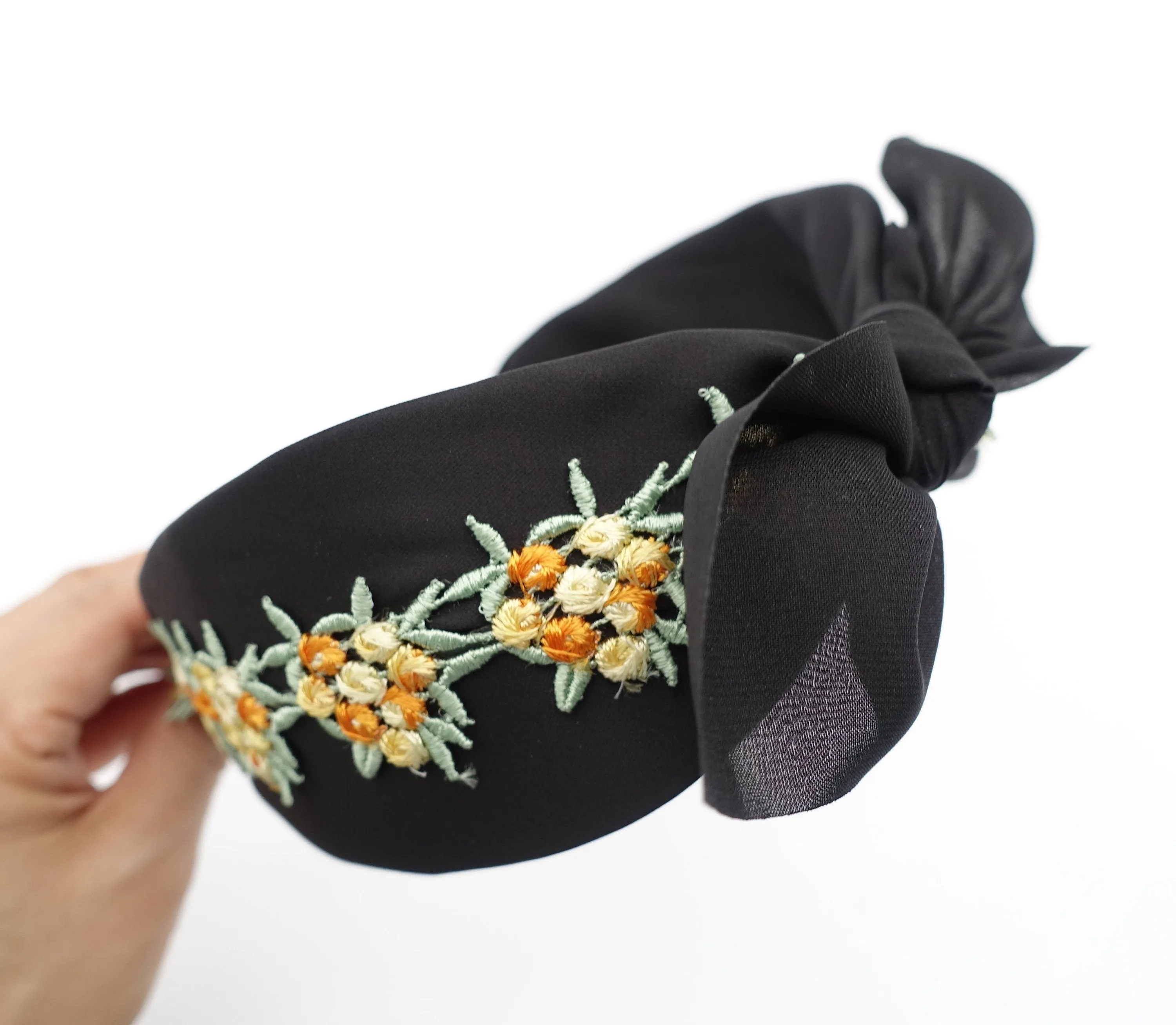 embroidery flower headband black chiffon bow knot hairband women hair accessory