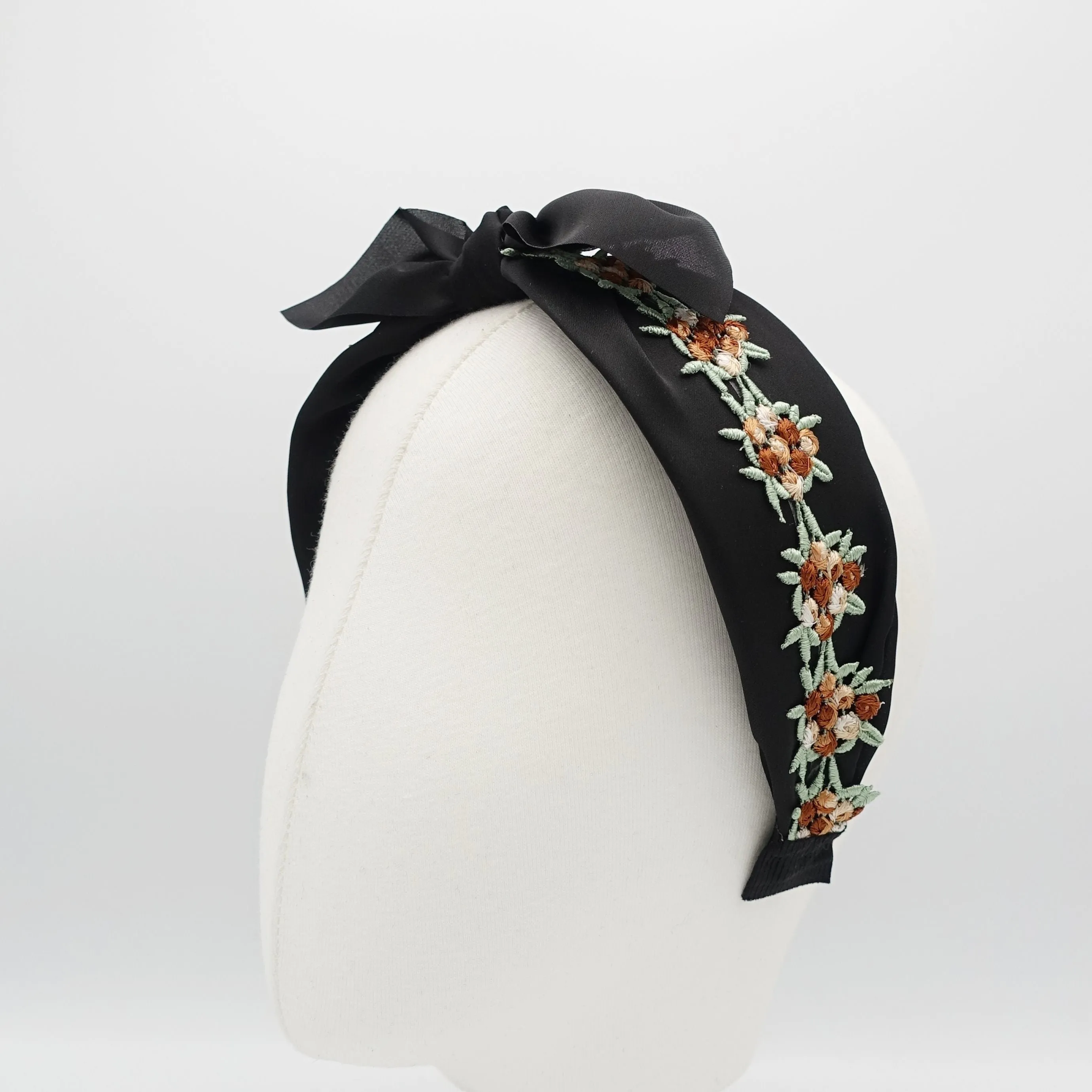 embroidery flower headband black chiffon bow knot hairband women hair accessory