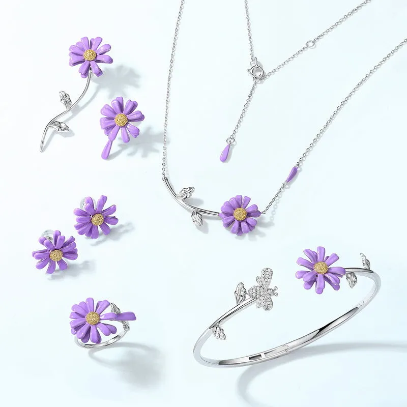 Enamel Purple Daisy Pendant Zircon Sterling Silver Necklace