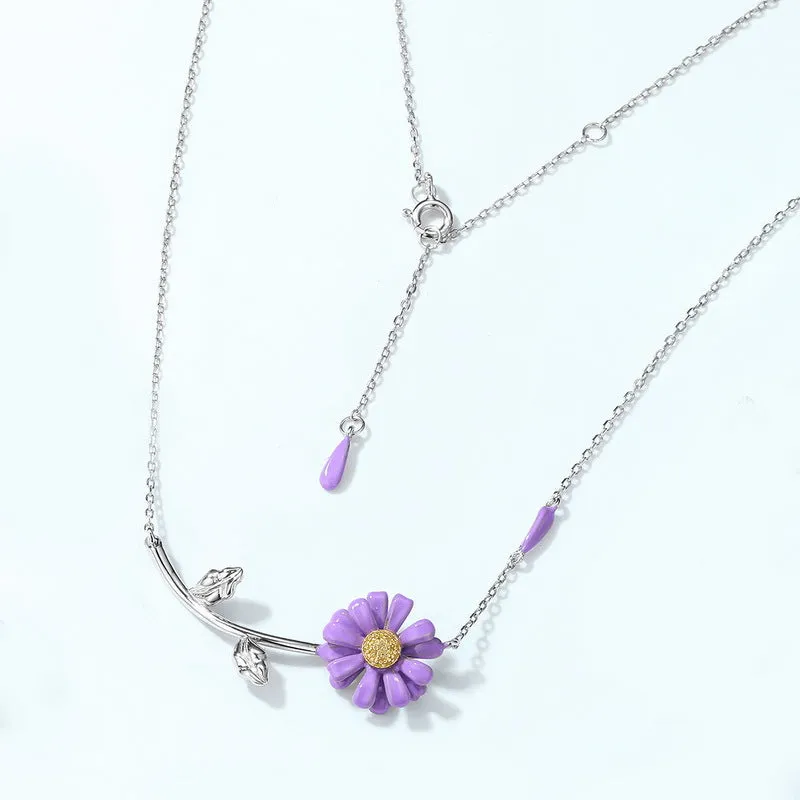 Enamel Purple Daisy Pendant Zircon Sterling Silver Necklace