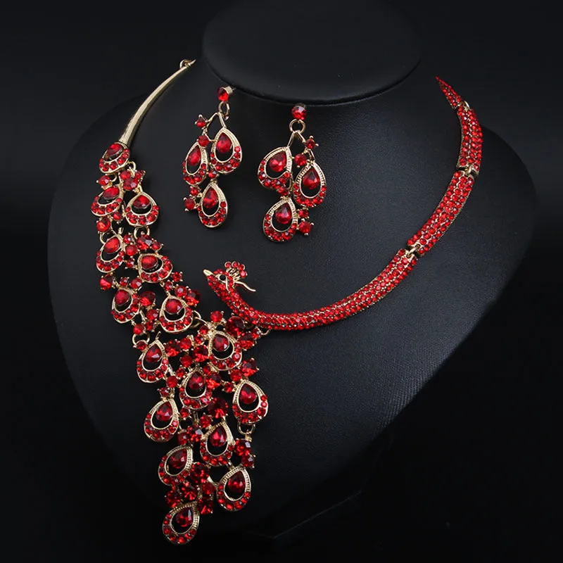 European and American exaggerated ruby peacock necklace earrings set bride wedding female accessories