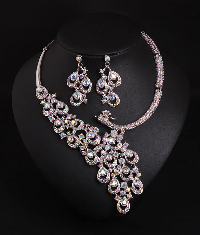 European and American exaggerated ruby peacock necklace earrings set bride wedding female accessories