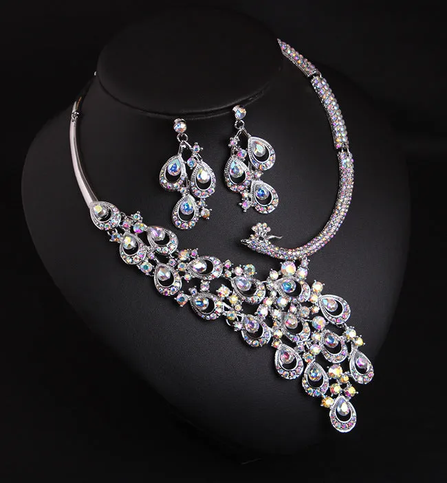 European and American exaggerated ruby peacock necklace earrings set bride wedding female accessories