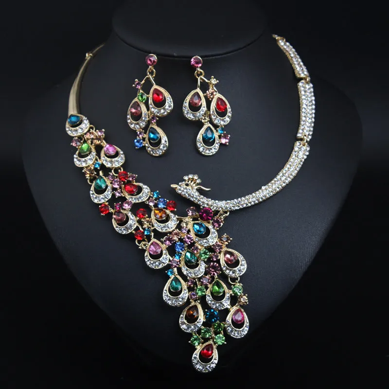 European and American exaggerated ruby peacock necklace earrings set bride wedding female accessories