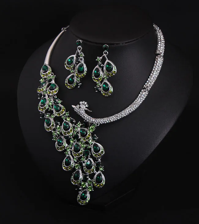 European and American exaggerated ruby peacock necklace earrings set bride wedding female accessories