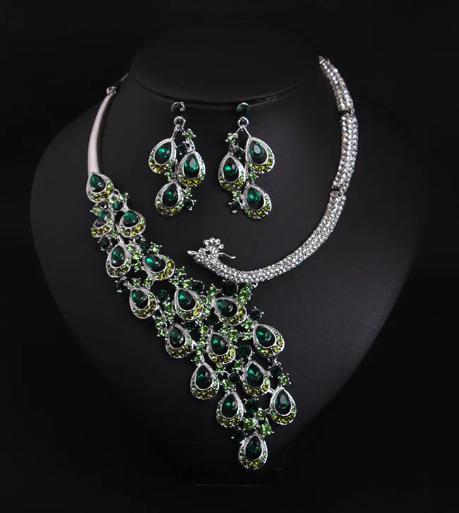 European and American exaggerated ruby peacock necklace earrings set bride wedding female accessories