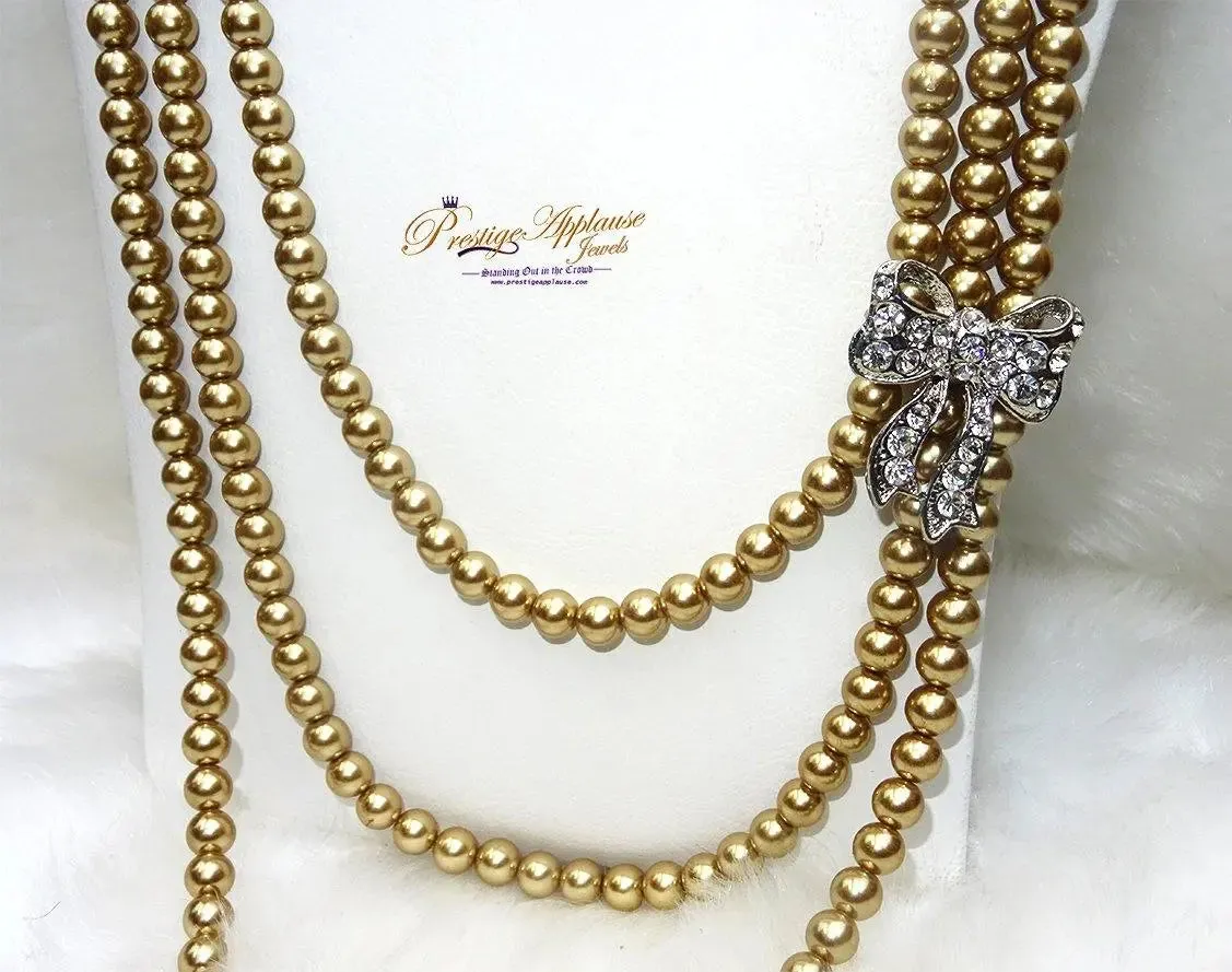 Extra Long Quality Pearls 3 Layers Golden Beautiful Luscious Bridal Wedding Crystal Party Necklace Jewellery UK