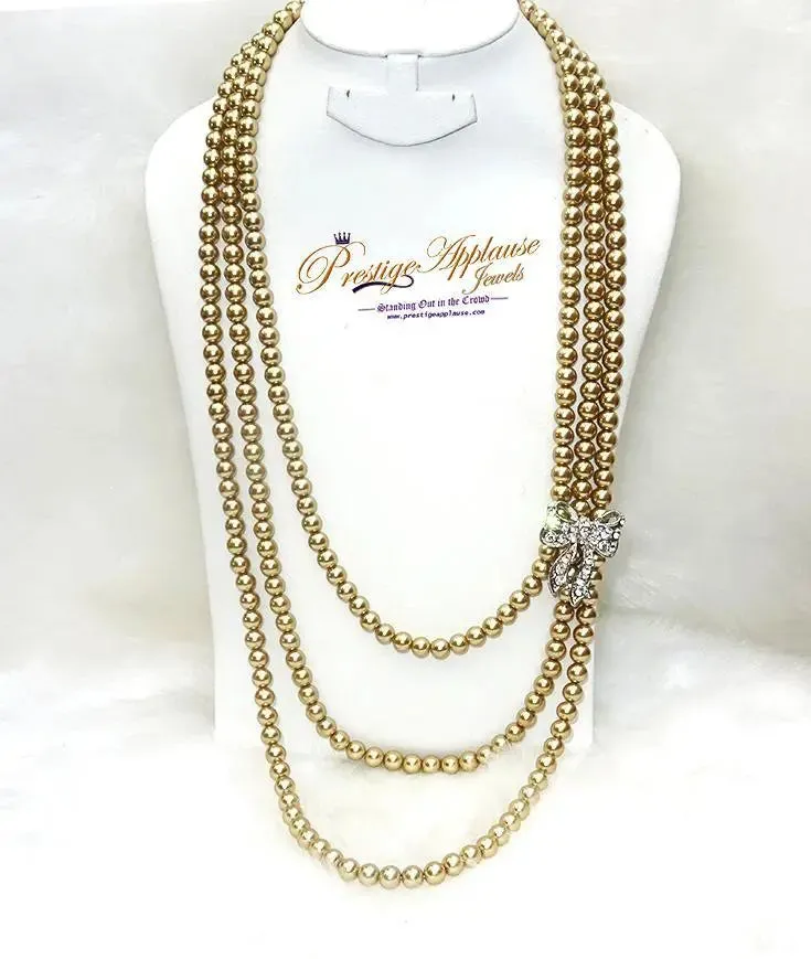 Extra Long Quality Pearls 3 Layers Golden Beautiful Luscious Bridal Wedding Crystal Party Necklace Jewellery UK