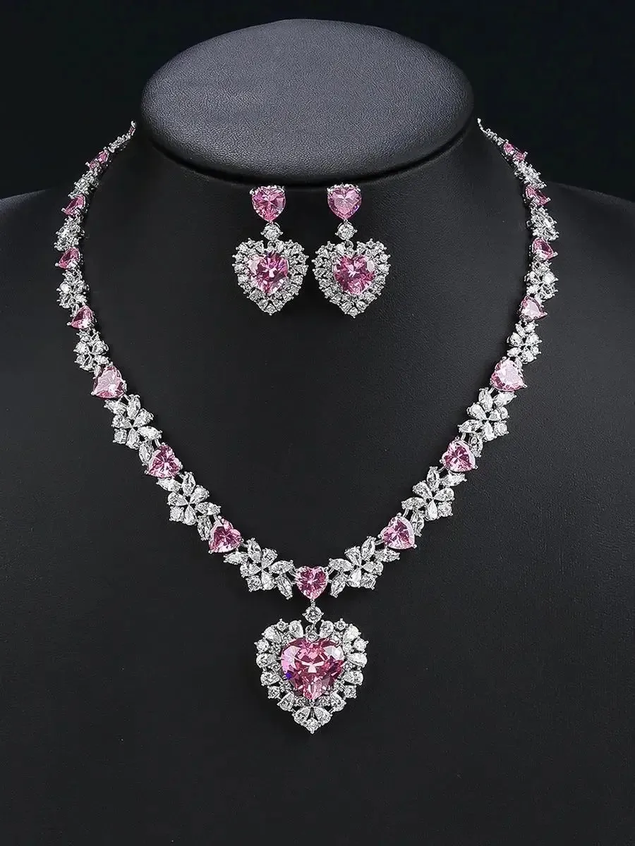 Fashion Elegant Droplet Cubic Zirconia Love Heart Necklace Earring  Women Wedding Luxury Dubai Bridal Jewelry Set CN11264