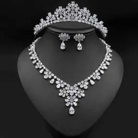 Fashion Floral Motif Tiara-Crown Necklace and Earring Set for Bride or Mis Quince