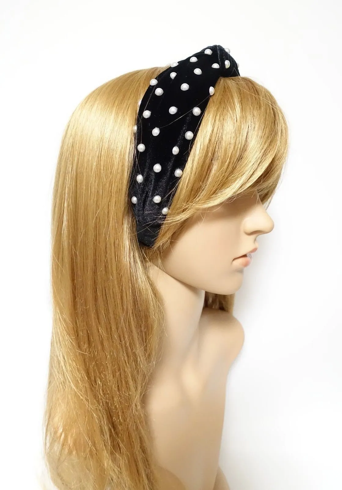 faux pearl decorated velvet knot fashion embellished headband for women