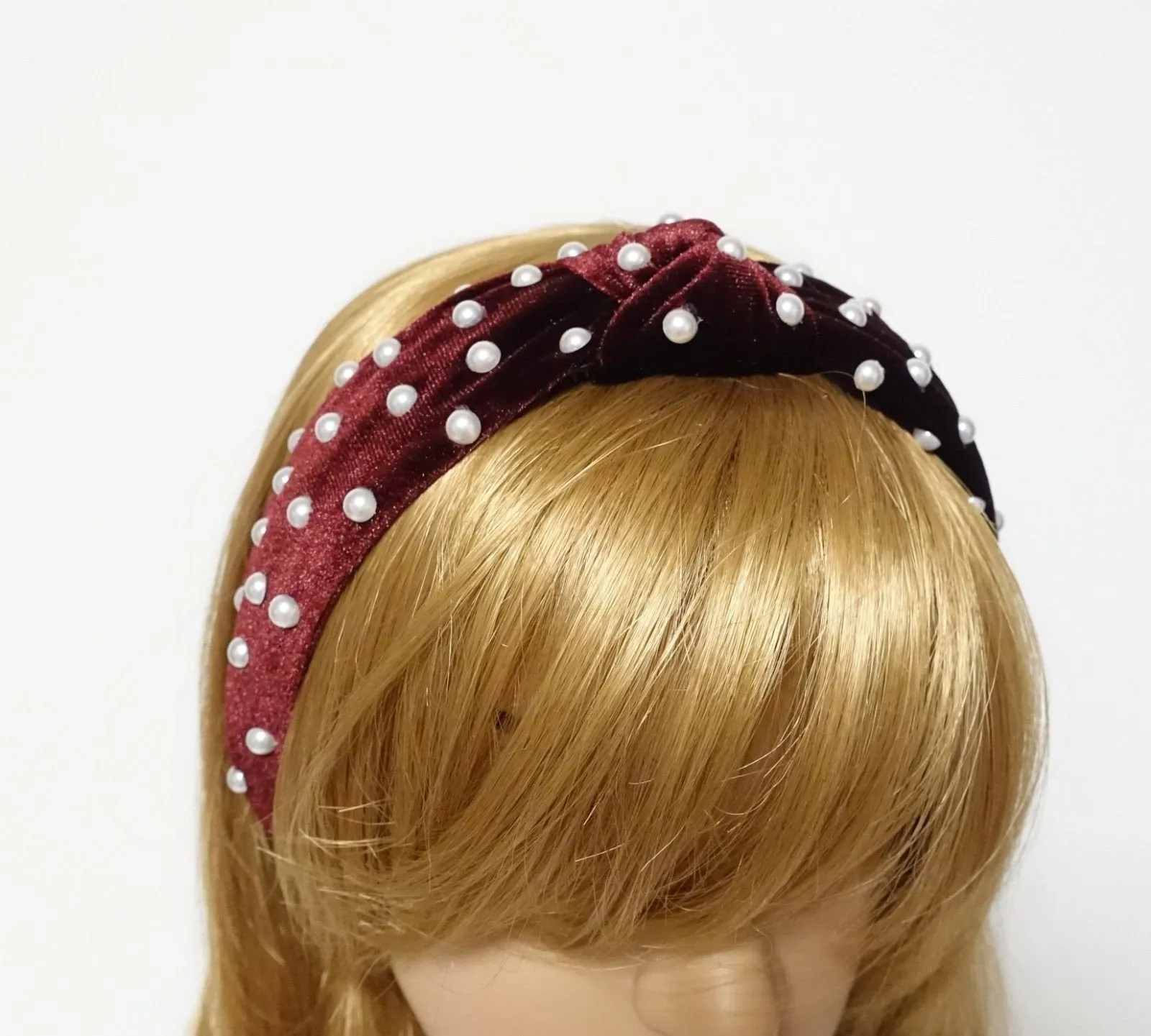 faux pearl decorated velvet knot fashion embellished headband for women