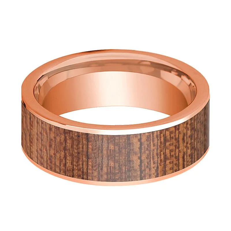 Flat 14k Rose Gold Wedding Band for Men with Sapele Wood Inlay - 8MM