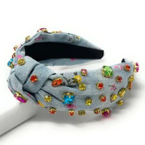 Floral Denim Knot Jeweled Headband