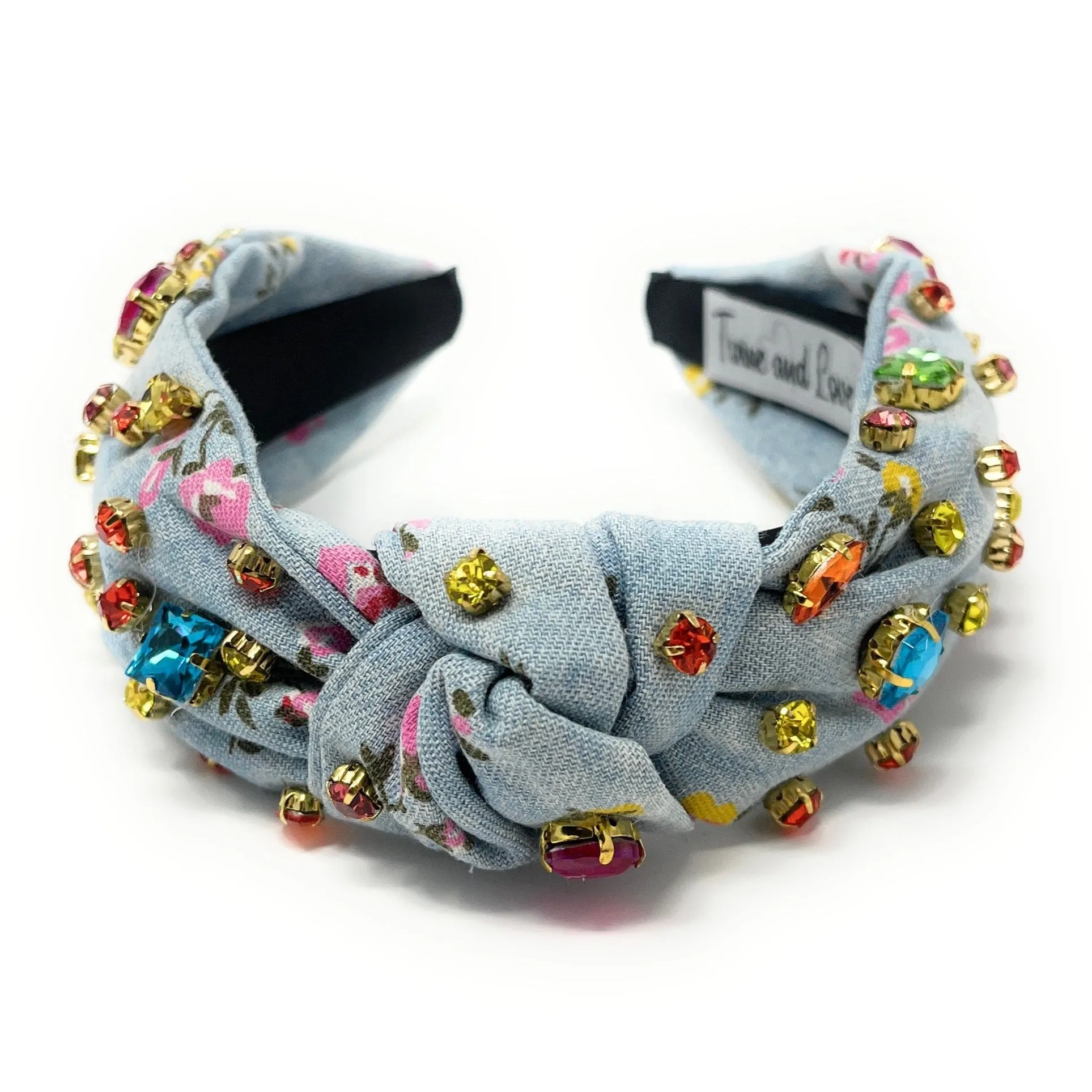 Floral Denim Knot Jeweled Headband