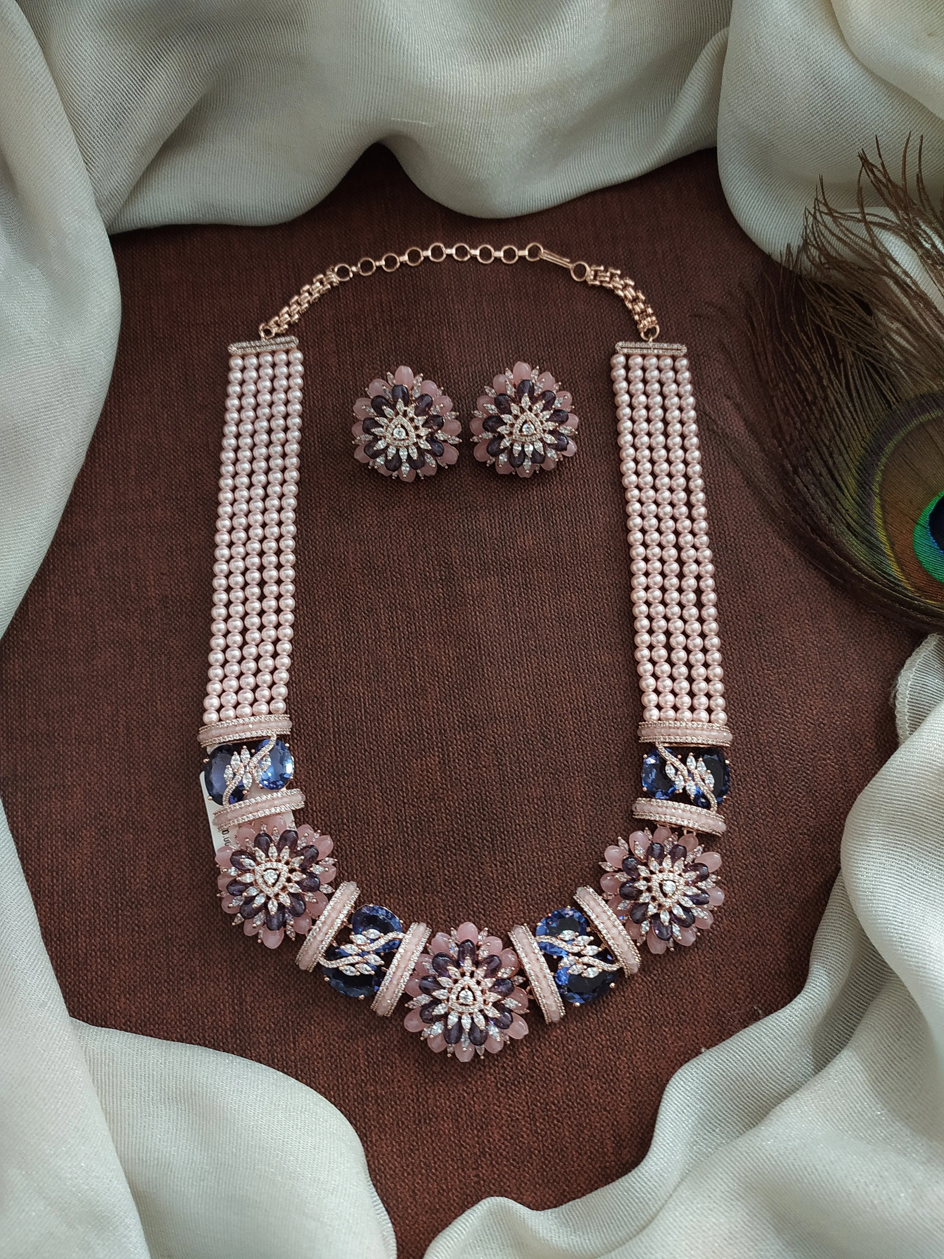 Floral Design Rose Gold Plated Heavy Beaded Necklace Set