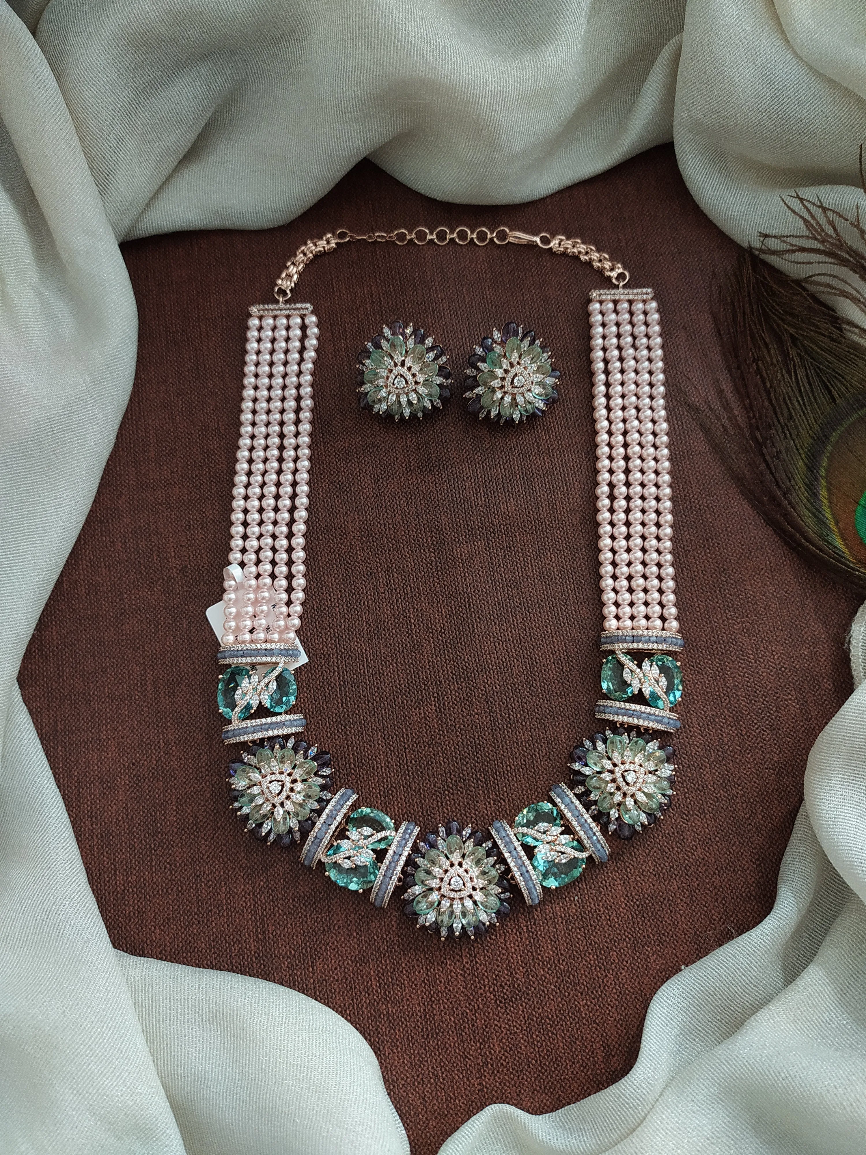 Floral Design Rose Gold Plated Heavy Beaded Necklace Set