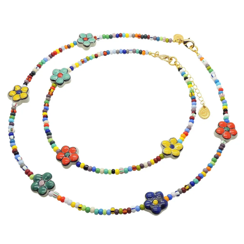 Flower Charms Balagan Glass Bead Necklace