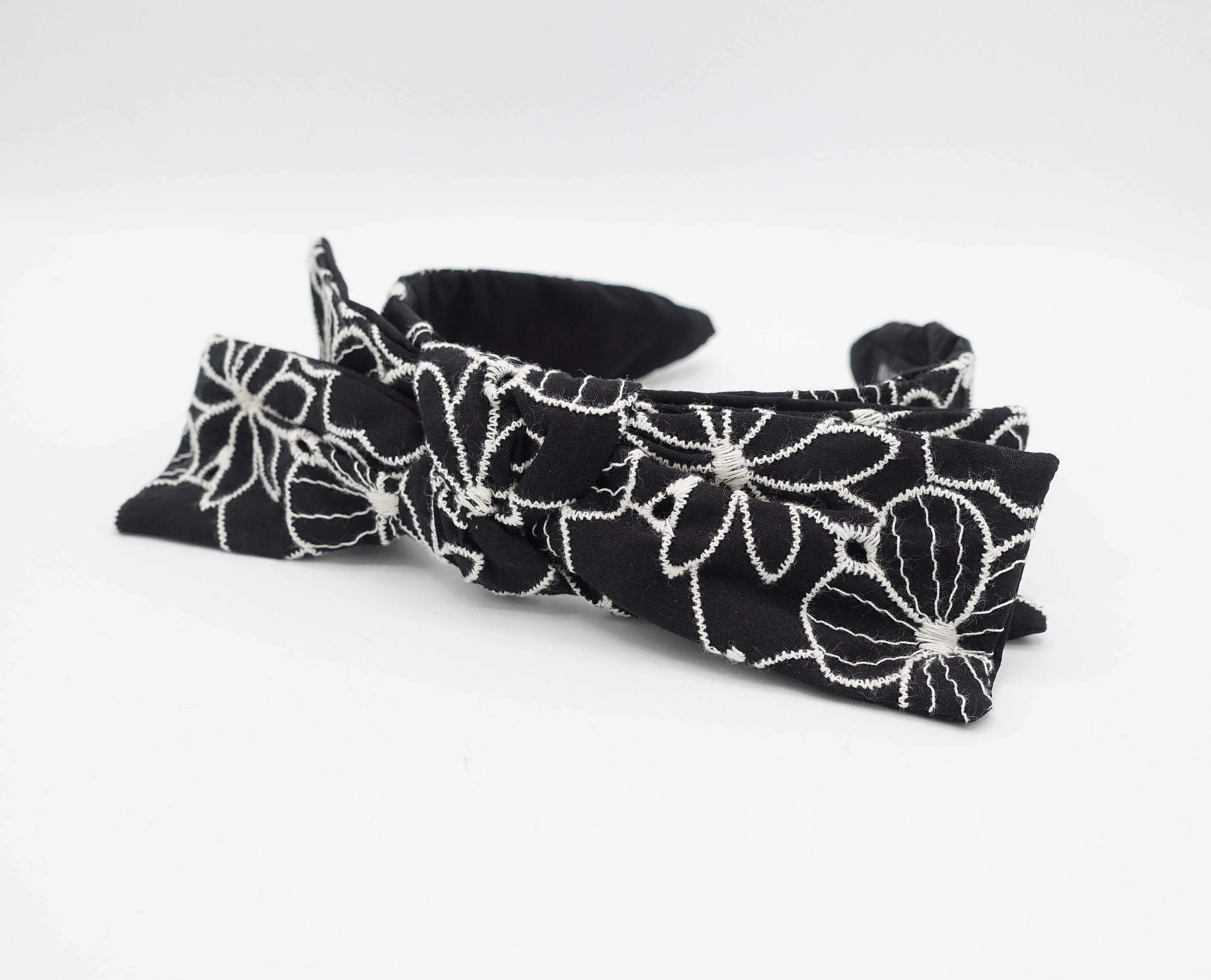 flower embroidered headband wired bow knot headband