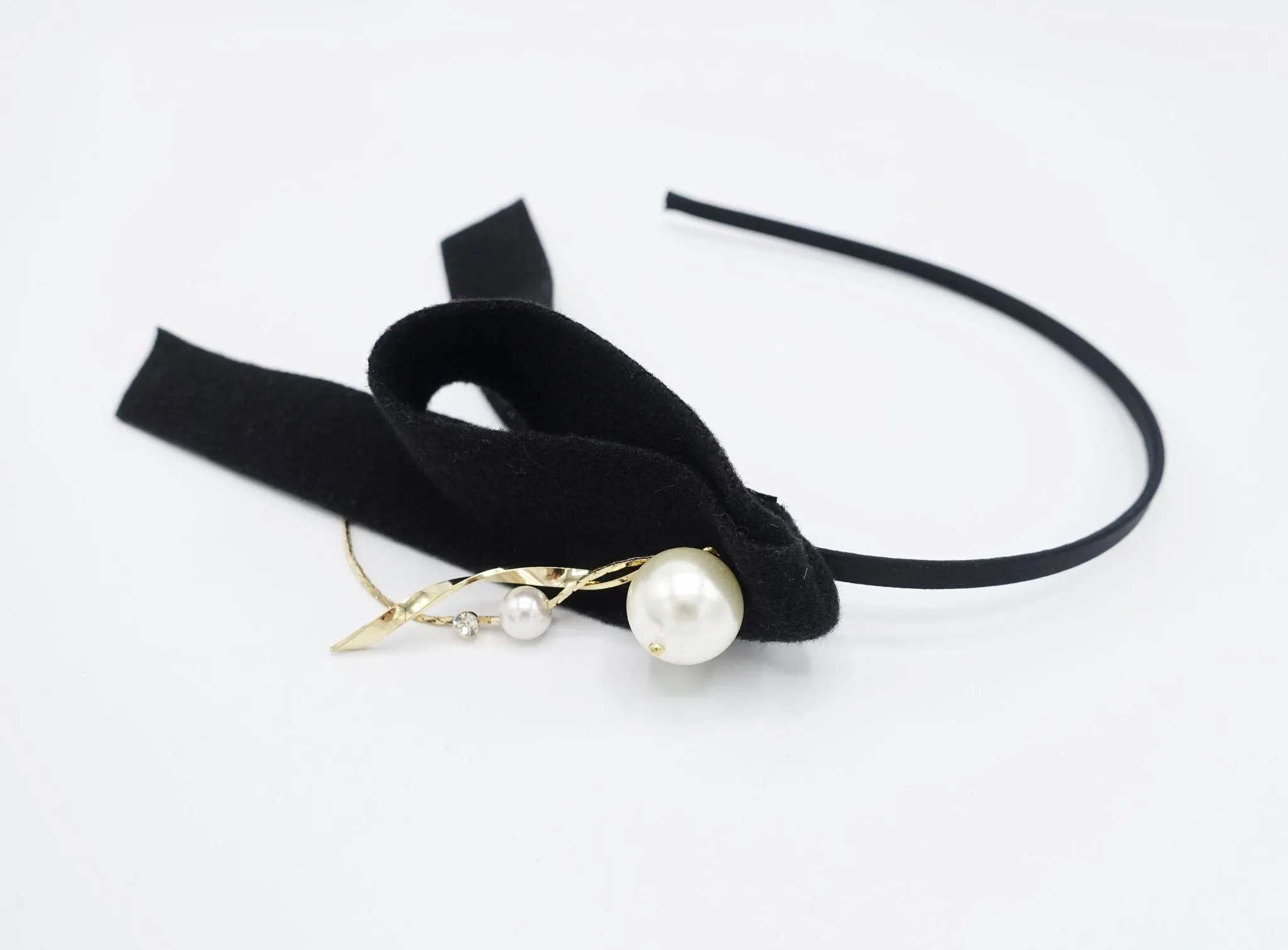 folded ribbon embellished thin headband pearl decorated hairband for woman