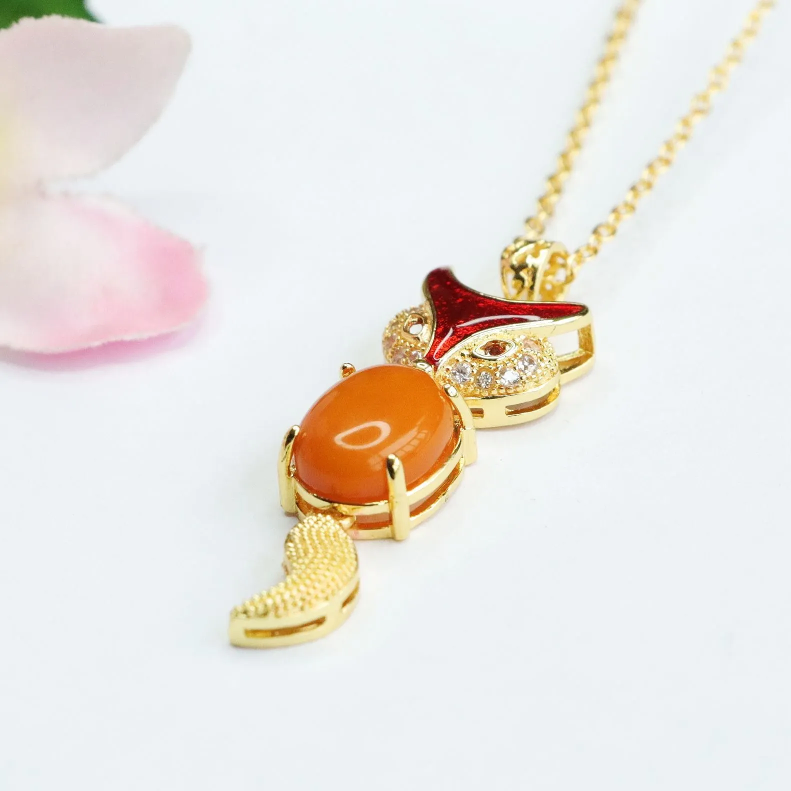 Fox Necklace with Honey Wax Amber and Zircon Accent