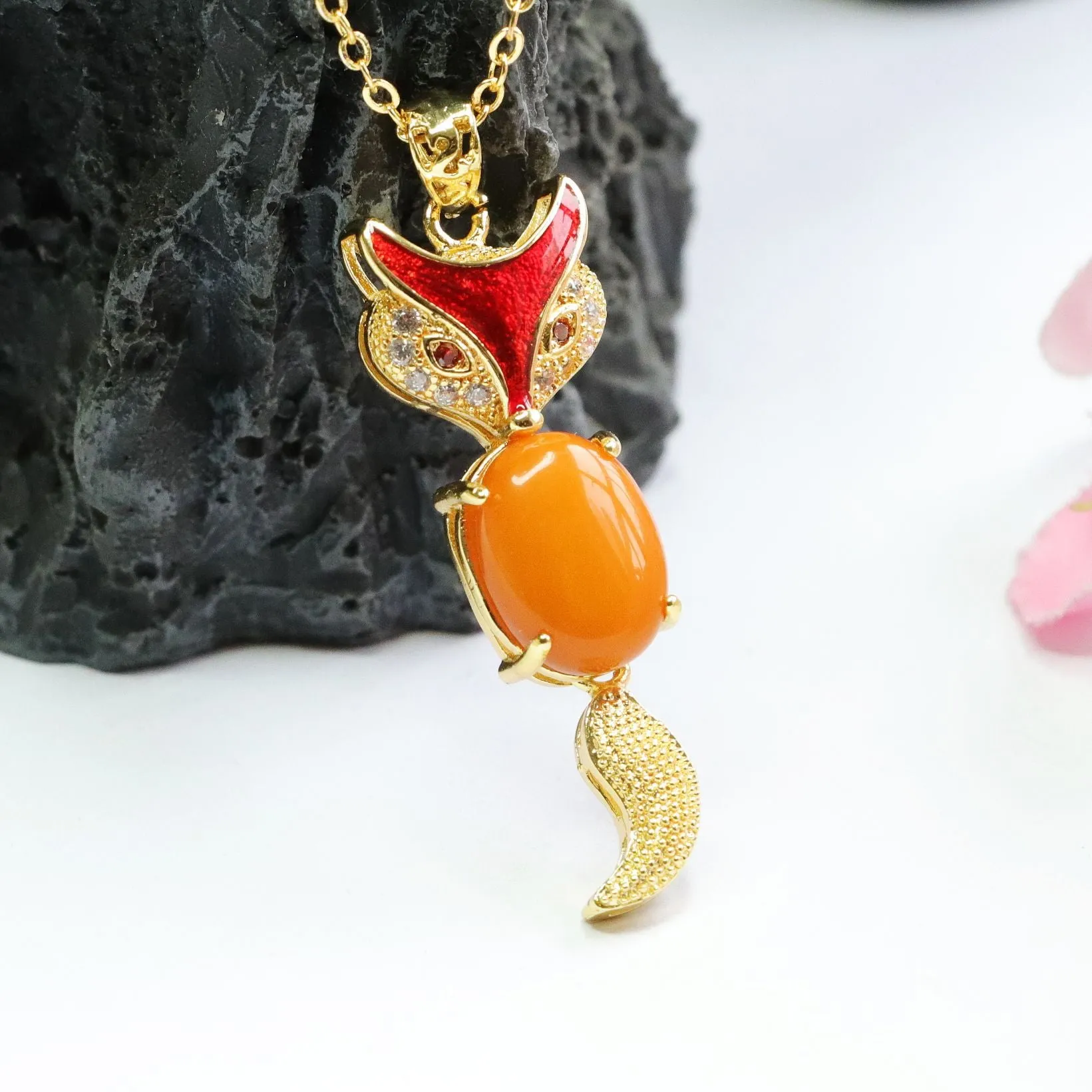 Fox Necklace with Honey Wax Amber and Zircon Accent