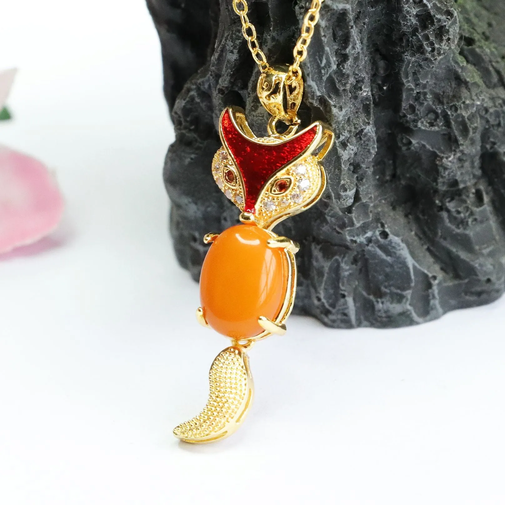 Fox Necklace with Honey Wax Amber and Zircon Accent