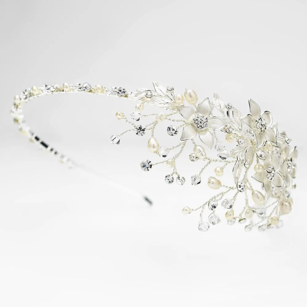 Freshwater Pearl Crystal Flower Side Accented Headband in Silver