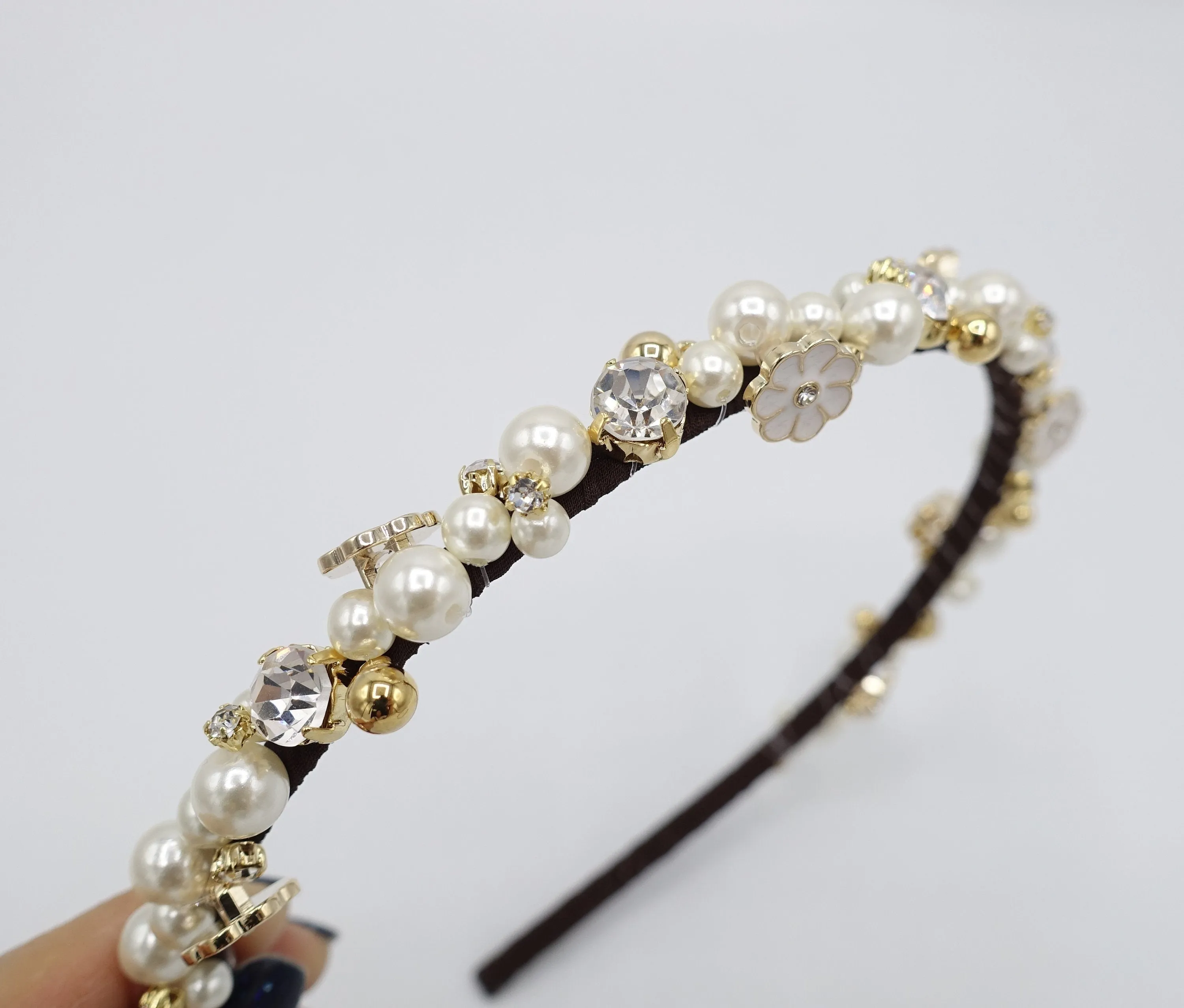 full rhinestone pearl beaded headband thin embellished elegant fashion hairband