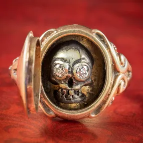 Georgian Style Memento Mori Diamond Skull Locket Ring 18ct Gold