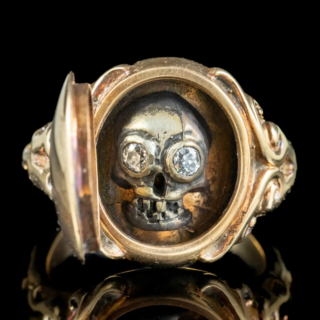 Georgian Style Memento Mori Diamond Skull Locket Ring 18ct Gold