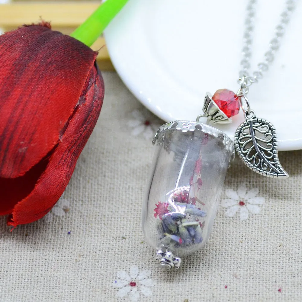 Glass Dry flower necklace real flower Bottle necklace Pendant necklace silver plated chain Necklace for women jewerly fashion