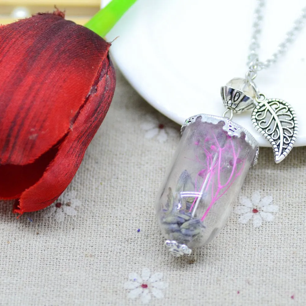 Glass Dry flower necklace real flower Bottle necklace Pendant necklace silver plated chain Necklace for women jewerly fashion