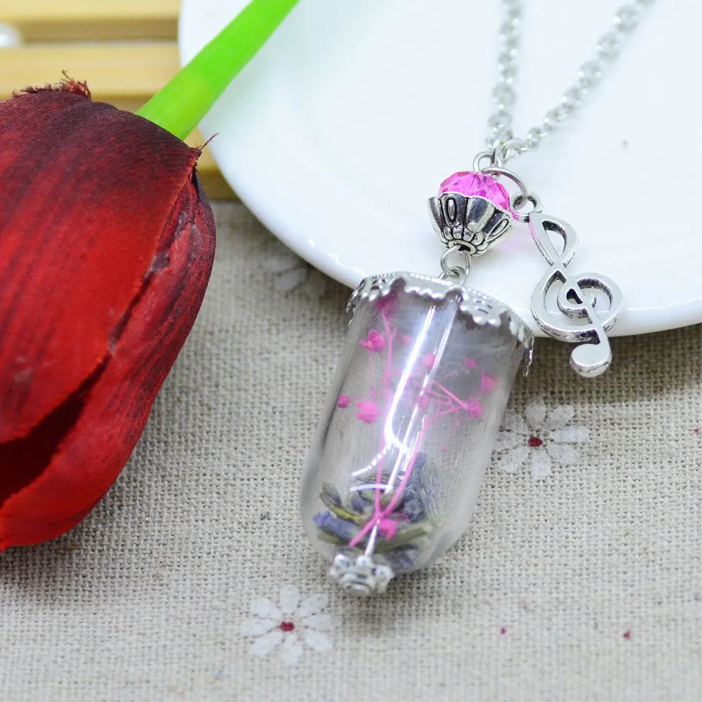 Glass Dry flower necklace real flower Bottle necklace Pendant necklace silver plated chain Necklace for women jewerly fashion