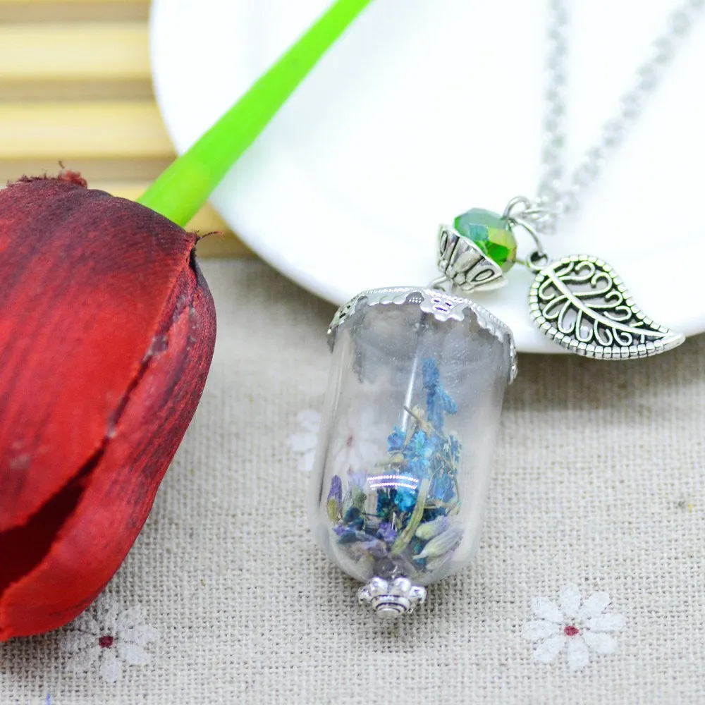 Glass Dry flower necklace real flower Bottle necklace Pendant necklace silver plated chain Necklace for women jewerly fashion