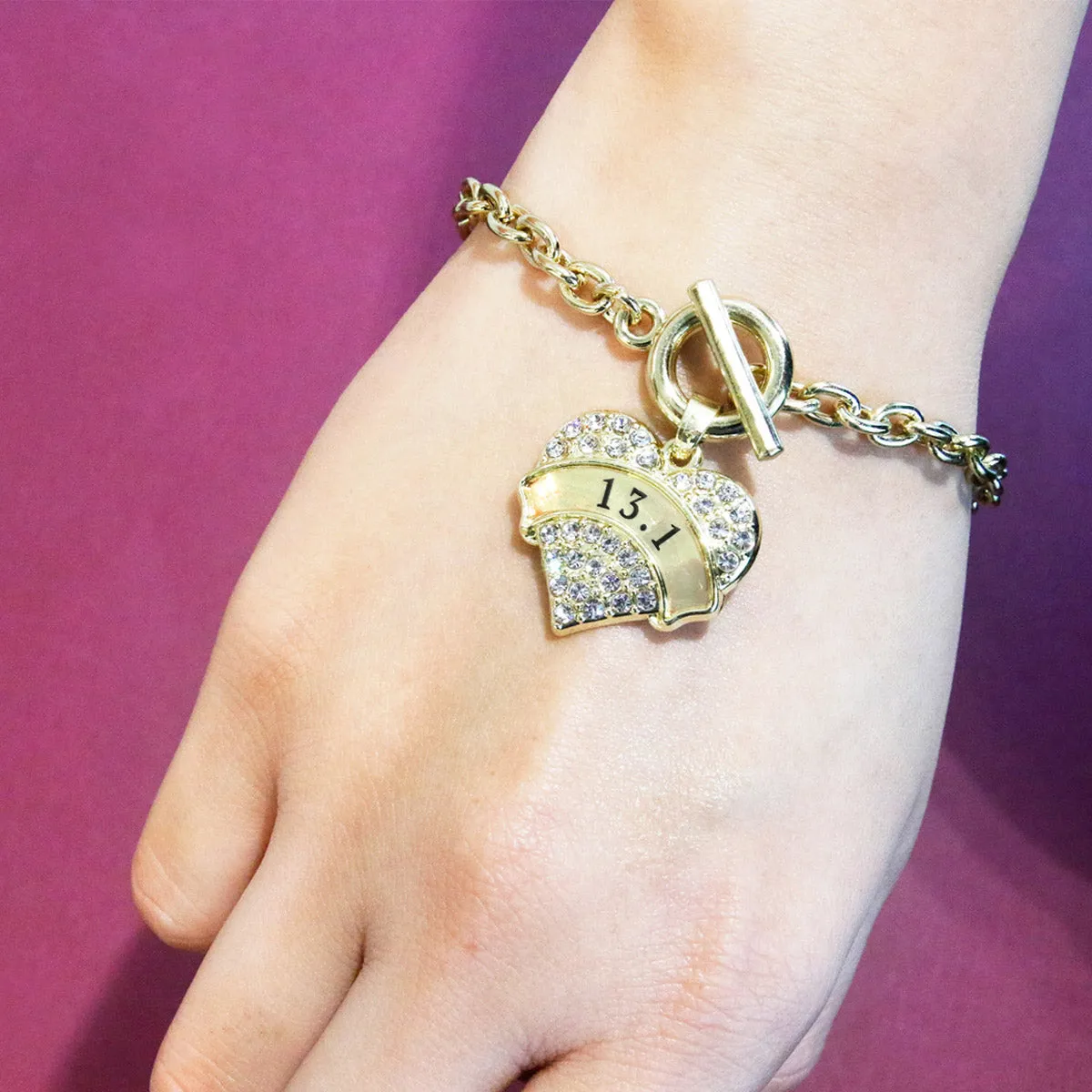 Gold 13.1 Runner Pave Heart Charm Toggle Bracelet