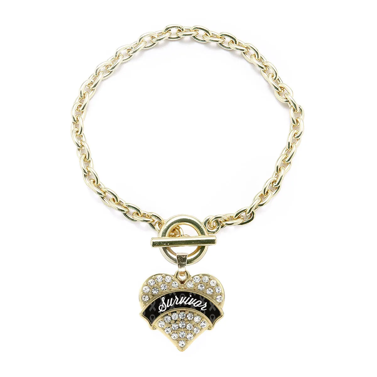 Gold Black and White Survivor Pave Heart Charm Toggle Bracelet