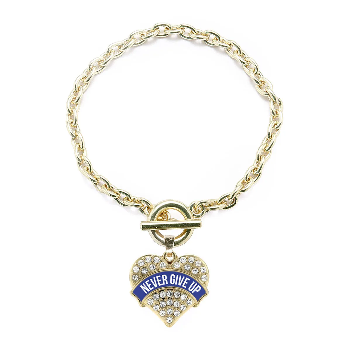 Gold Blue Banner Never Give Up Pave Heart Charm Toggle Bracelet