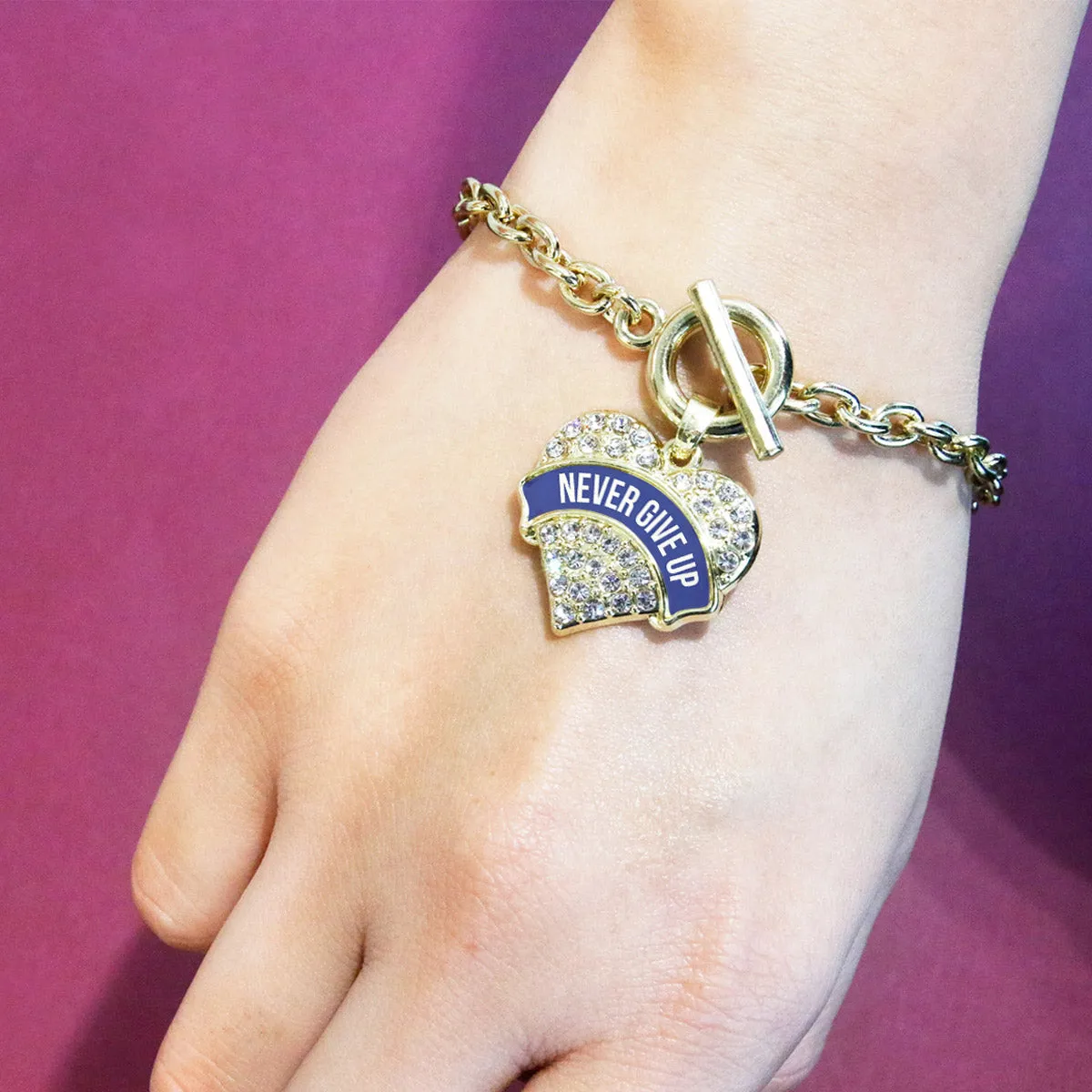 Gold Blue Banner Never Give Up Pave Heart Charm Toggle Bracelet