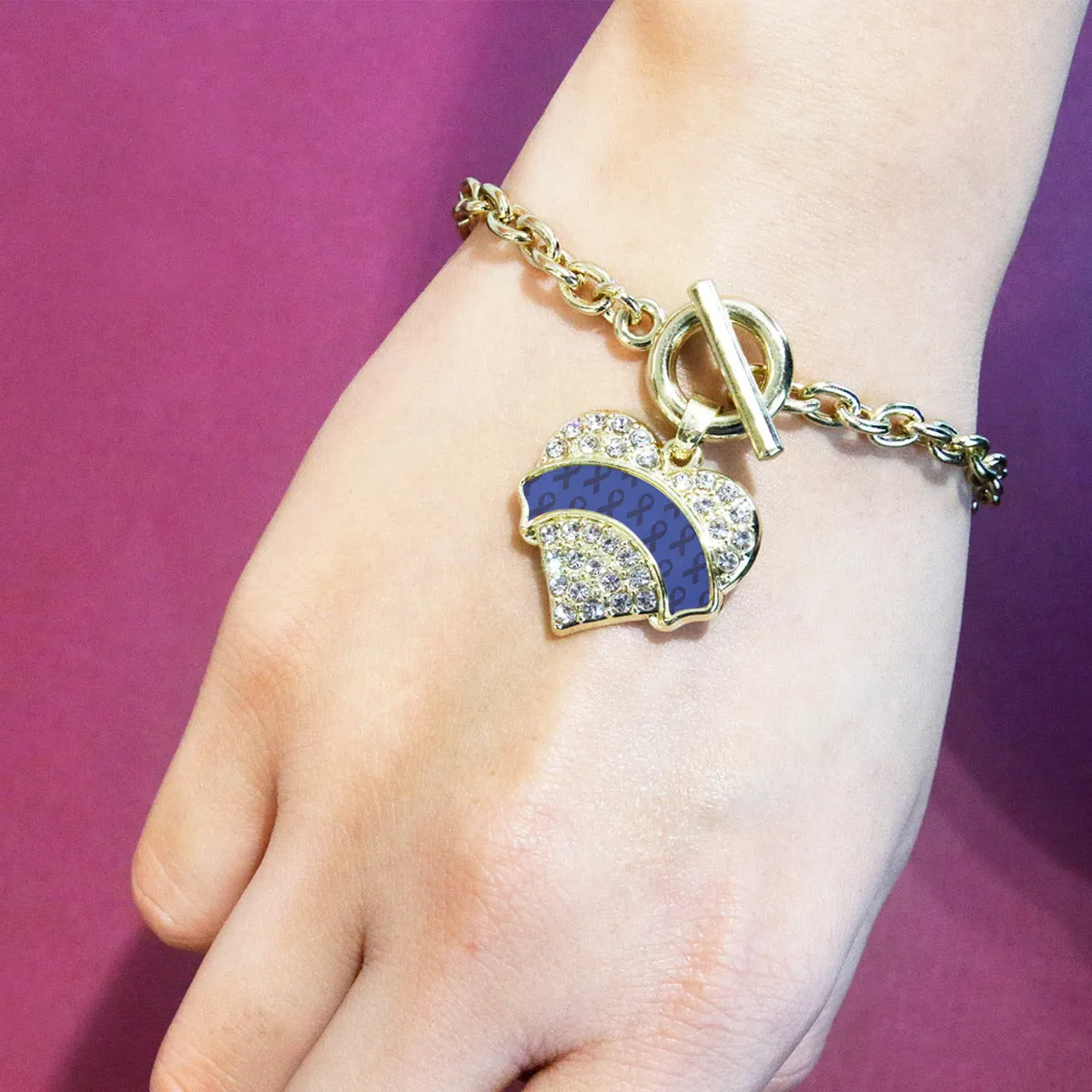 Gold Blue Ribbon Support Pave Heart Charm Toggle Bracelet