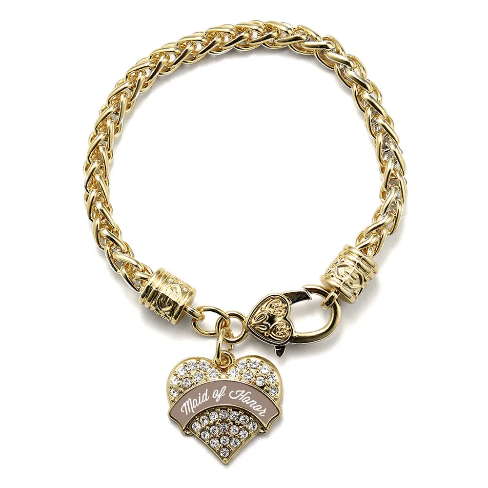 Gold Brown and White Maid of Honor Pave Heart Charm Braided Bracelet