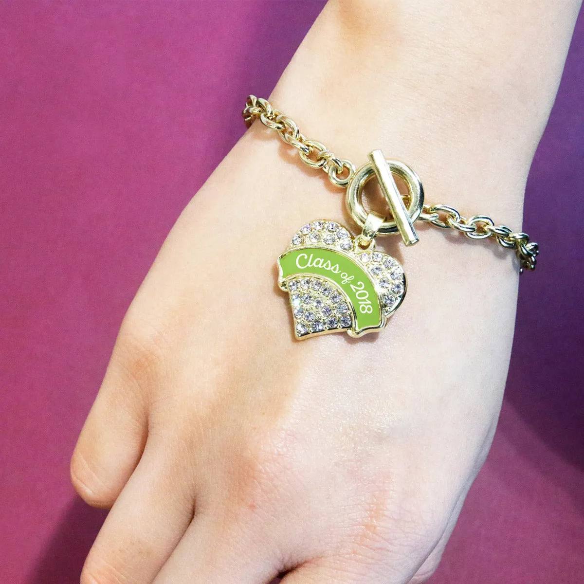 Gold Class of 2018 - Lime Green Pave Heart Charm Toggle Bracelet