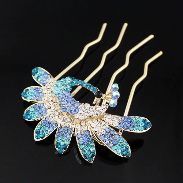 Gold Finish Rhinestone Peacock French Twist Up-do Comb